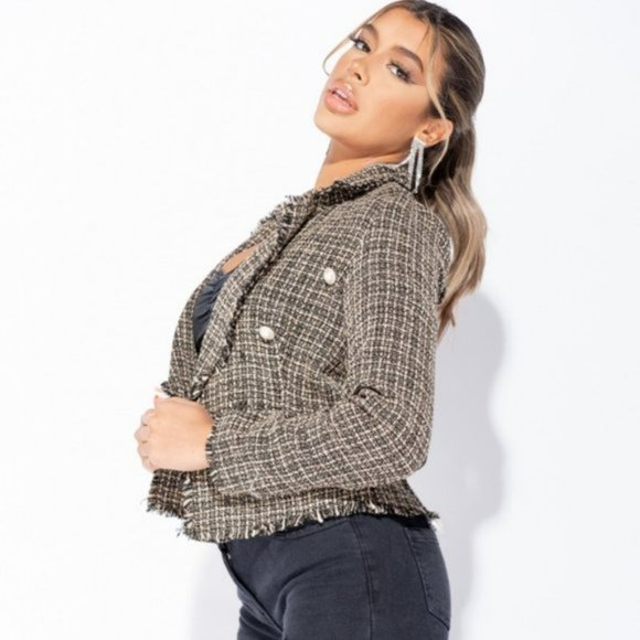 Brown Plaid Check Tweed Long Sleeve Double Breasted Frayed Hem Blazer Jacket - Picture 4 of 9